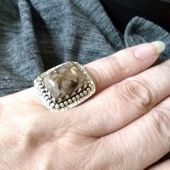 Artisan Jewelry - Sz 6.5 ~ Rutilated Quartz Ring! Square Cabochon! SouthWest Vibe! Wide Cigarband
